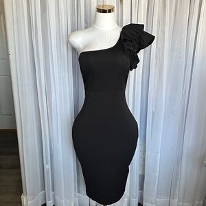 One-Shoulder Black Ruffle Sheath Dress